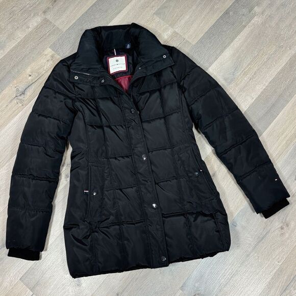 Tommy Hilfiger Quilted Puffer Coat Black XS Long Line Winter Snow - Picture 14 of 14